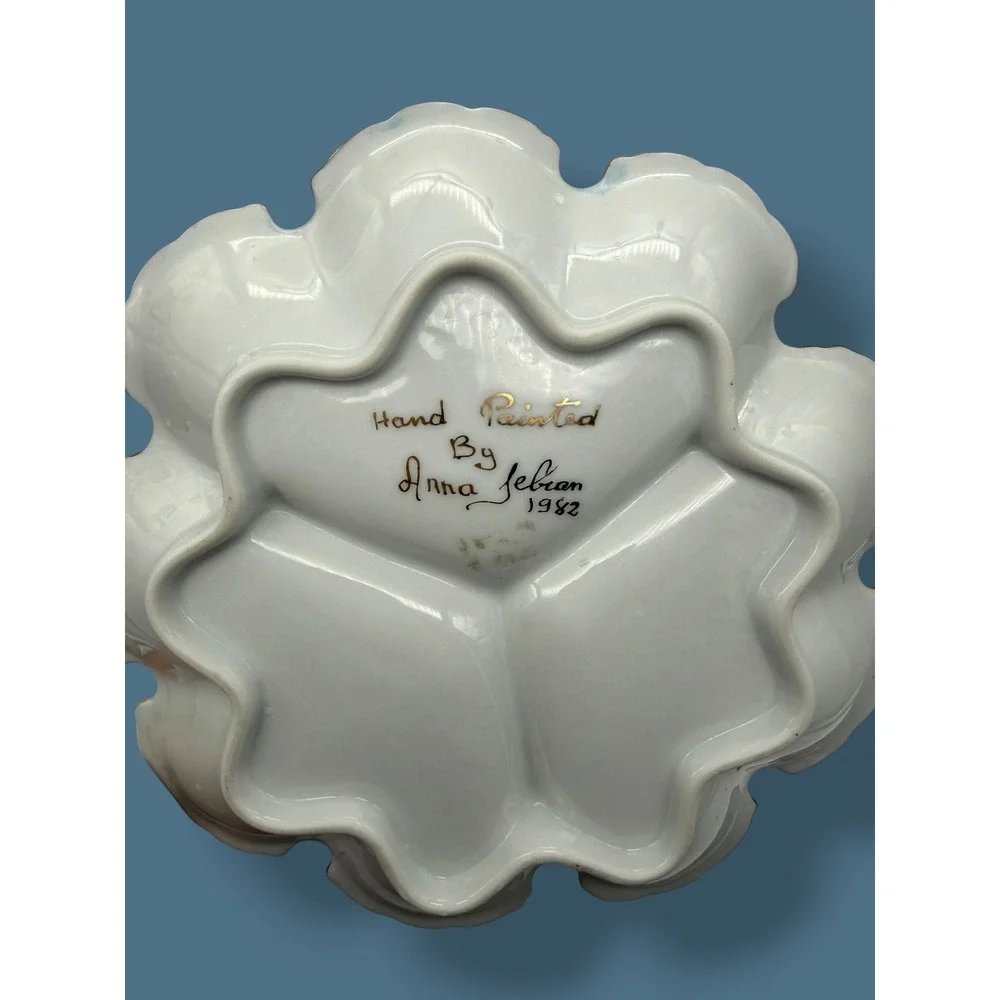 Hand Painted Floral Divided Candy Dish, Scalloped Gold Rim tray, Signed,1982
